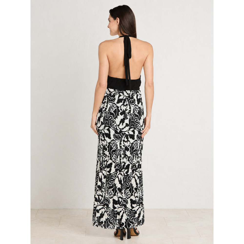 NWOT R&M Richards XL Black Ivory Floral Halter Maxi Dress Pleated Formal - Picture 4 of 7